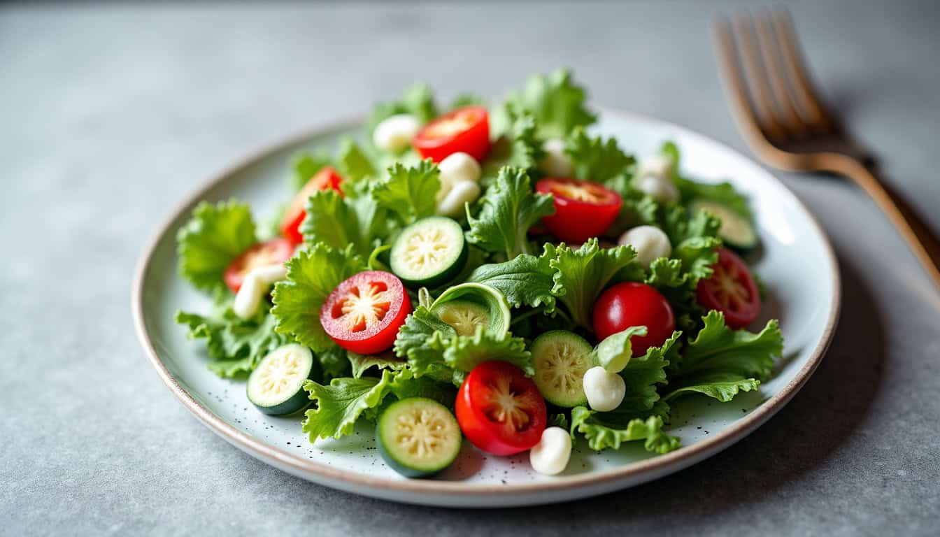 Salade fraîche avec tomates cerises, concombre, mozzarella, et verdure pour régimes sains et équilibrés.