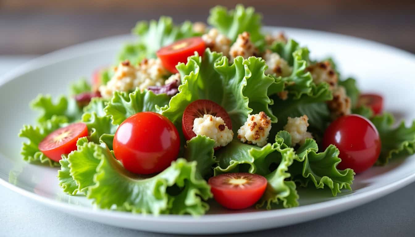Salade saine avec tomates, feta et légumes verts, idéale pour une alimentation équilibrée.