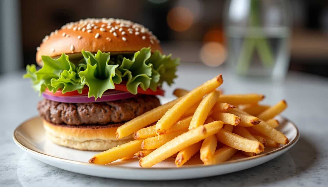 Alt : Hamburger végétarien avec salade verte et frites dorées sur une assiette blanche.