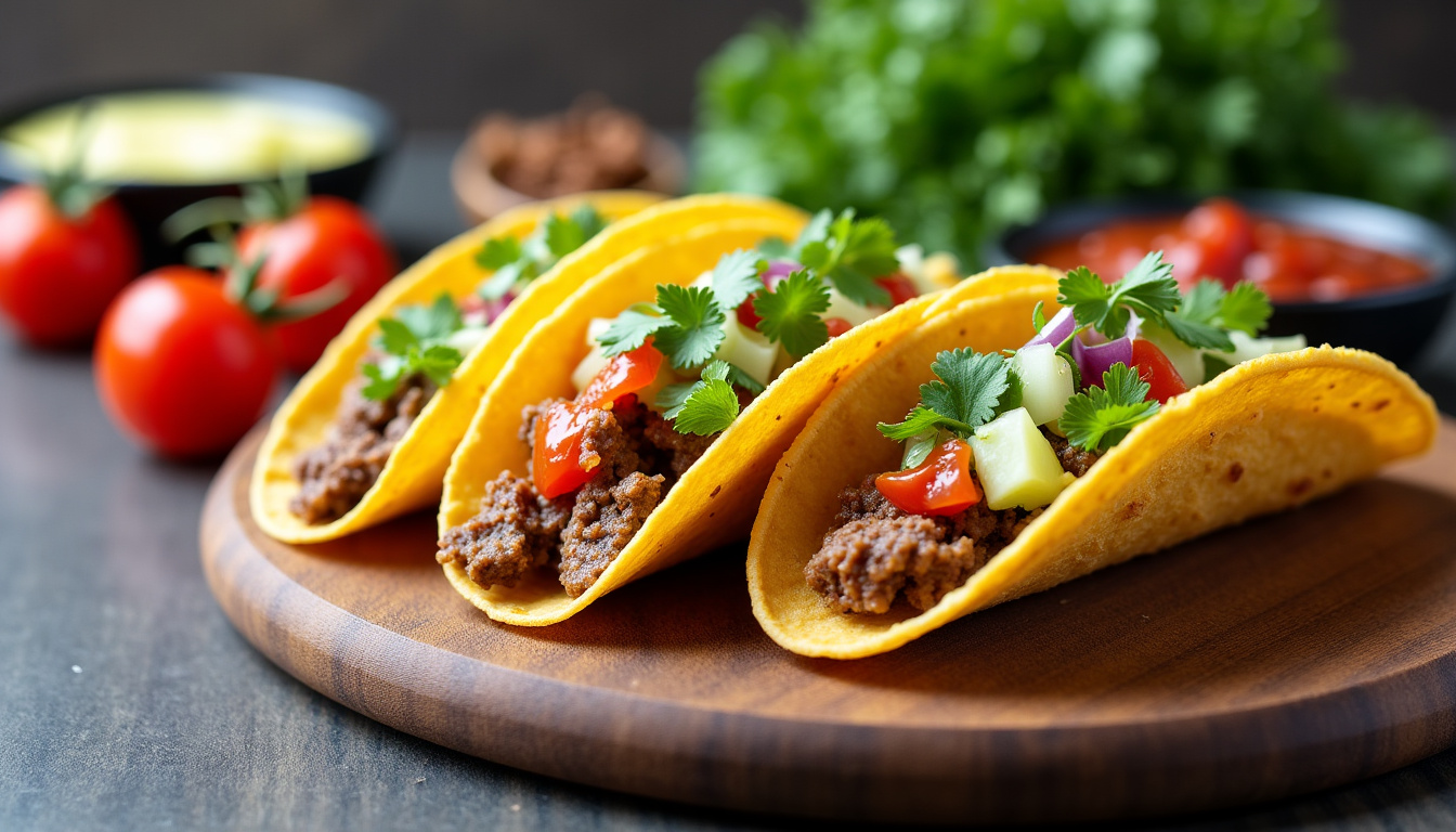 Assiette de tacos maison garnis avec divers ingrédients comme fromage, salsa, légumes et viande