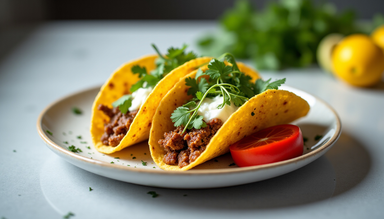 Assiette de tacos maison présentée avec soin, accompagnée de quartiers de citron vert et de coriandre fraîche