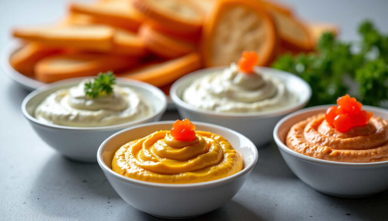 Assortiment de dips sains pour apéritif: houmous, tzatziki, caviar d
