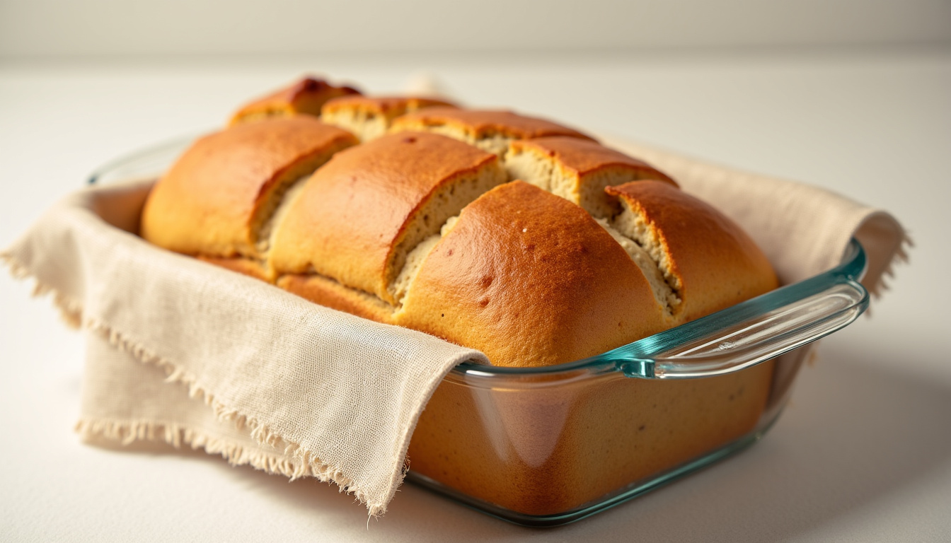 Banana bread healthy dans un contenant hermétique en verre, tranché, avec une serviette en lin au fond pour absorber l