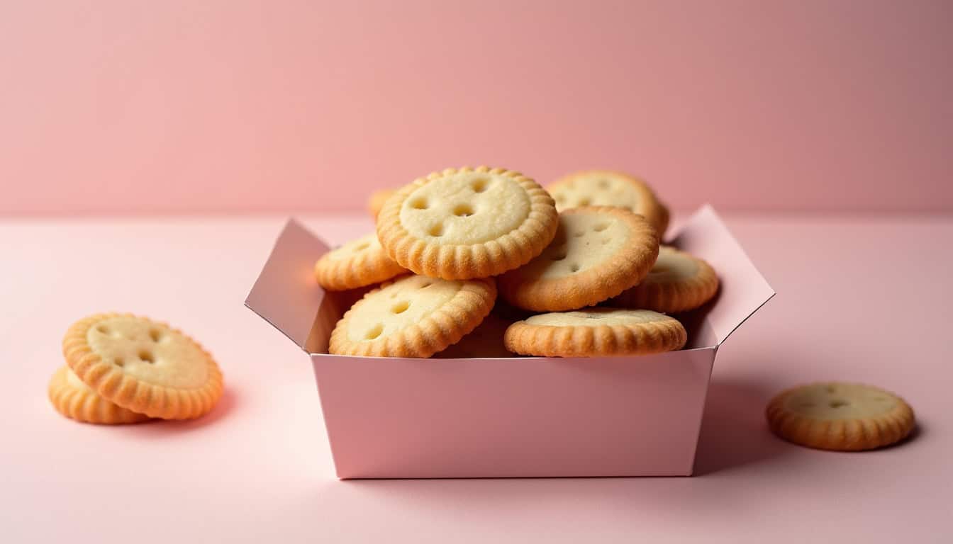 Biscuits sablés dans boîte rose pastel élégante.
