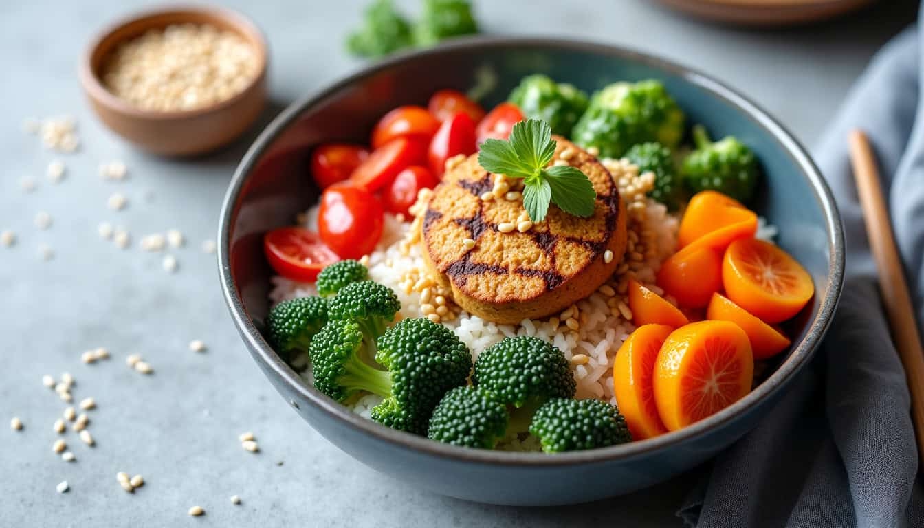 Rendez votre repas équilibré avec un bol de légumes variés et un steak de pois chiches grillé.
