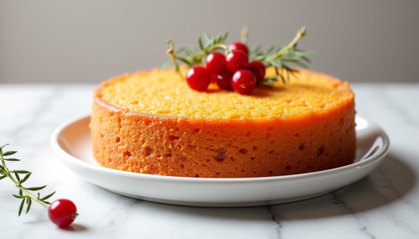 Carotte cake healthy terminé, présenté sur une assiette en porcelaine avec une décoration de noix et de cranberries