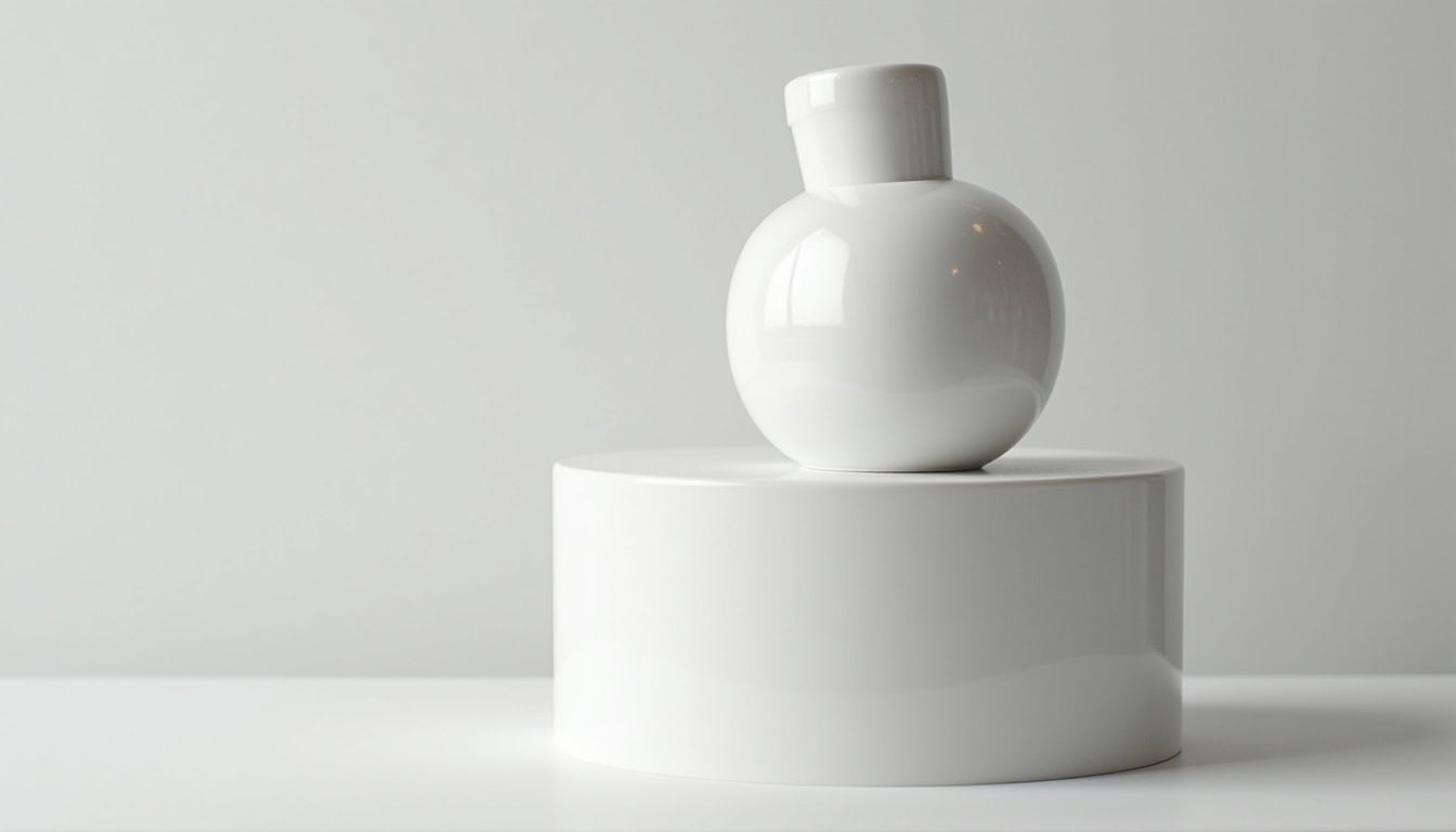 Vase blanc épuré posé sur socle rond blanc, décoration moderne et élégante.