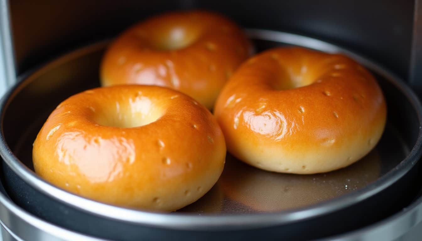 Alt text: Trois bagels dorés dans un four à convection, prêts à être dégustés.