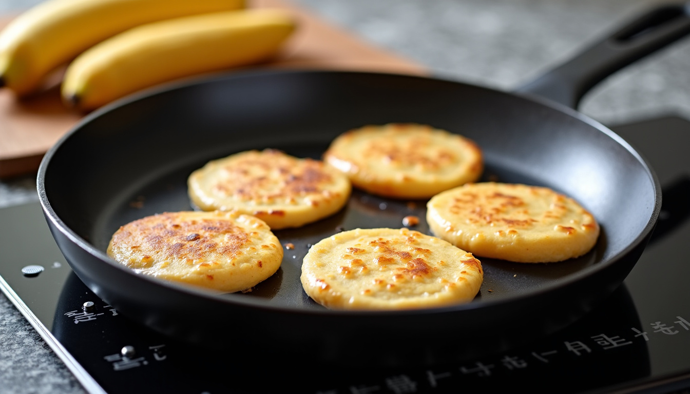 Cuisson des pancakes banane healthy dans une poêle antiadhésive à feu moyen