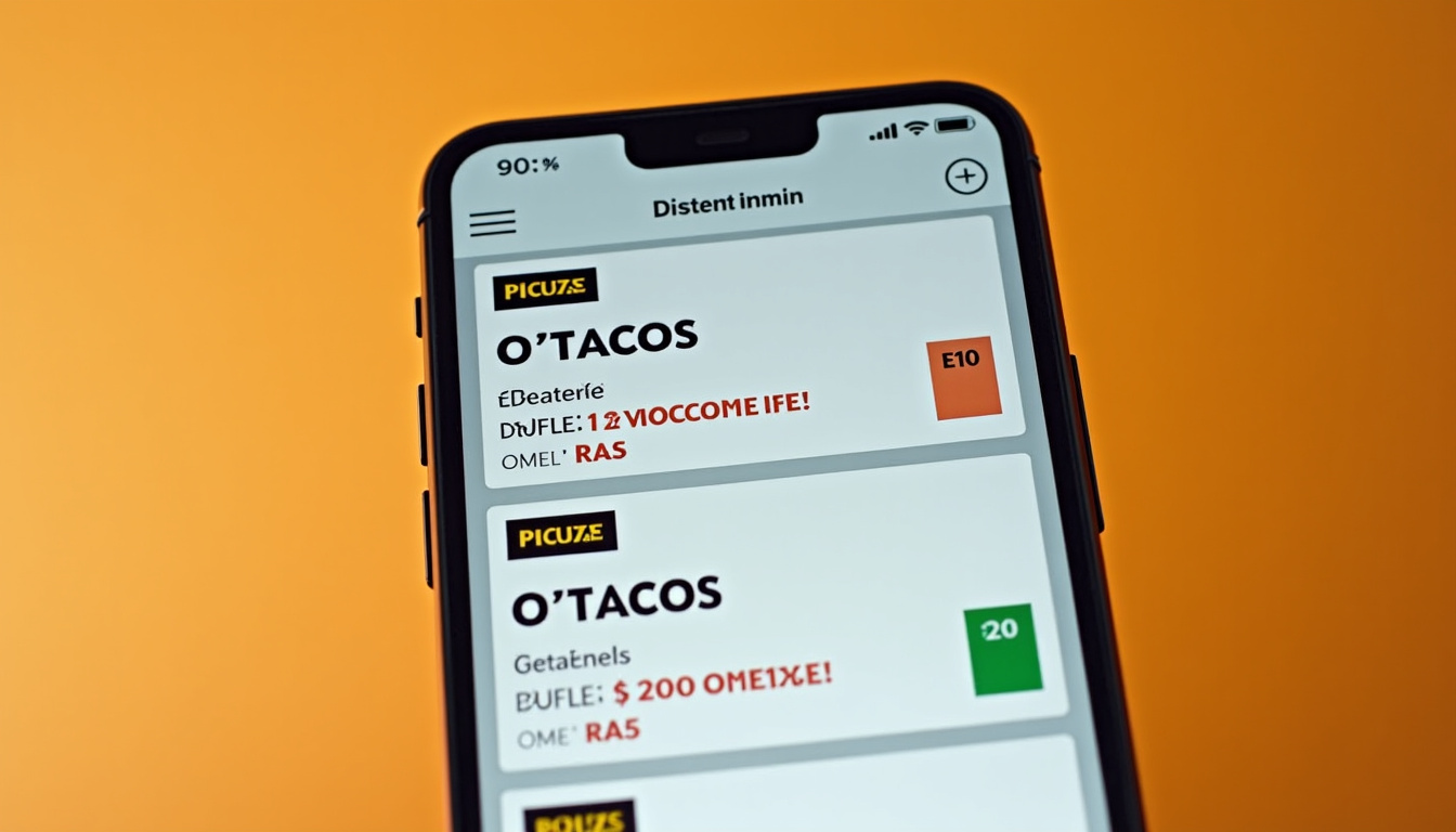 Exemples de codes promo O’Tacos affichés sur un écran de smartphone avec les offres E10, OME et RA5