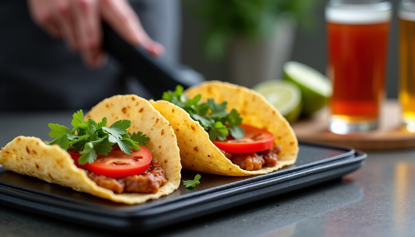 French tacos en cours de cuisson sur une presse à panini, avec une croûte dorée et croustillante