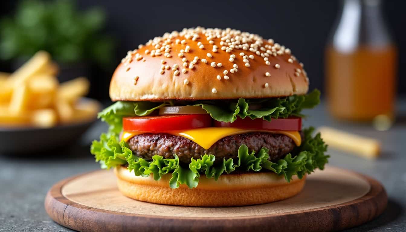 Photo d'un burger appétissant avec viande, fromage, légumes frais, sur planche en bois.