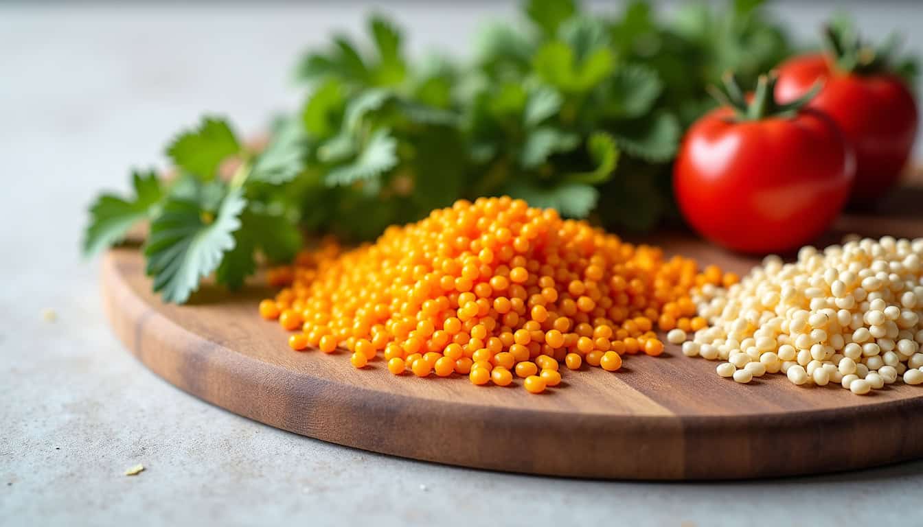 ALT: Fresh tomatoes, herbs, and colorful lentils on a wooden cutting board.