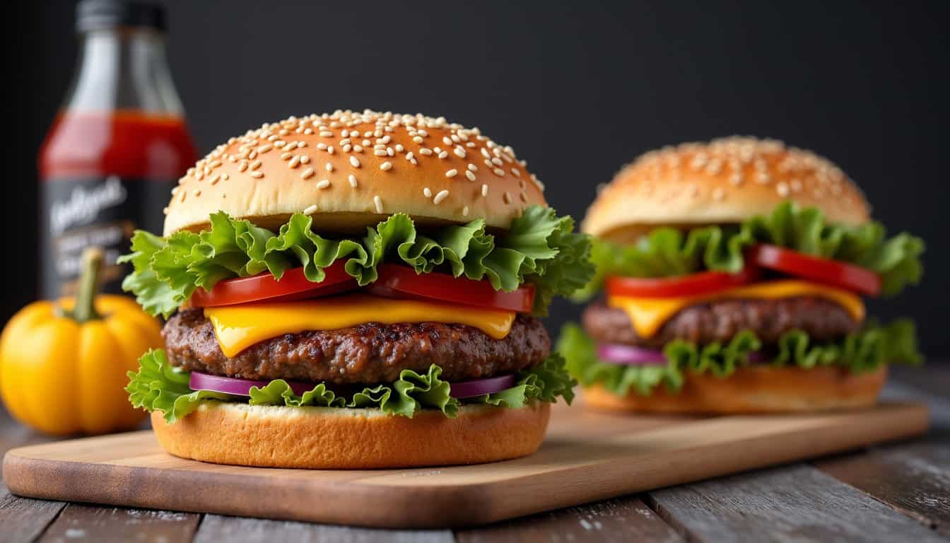 Montage d’un burger croustillant avec différentes garnitures et sauces proposées