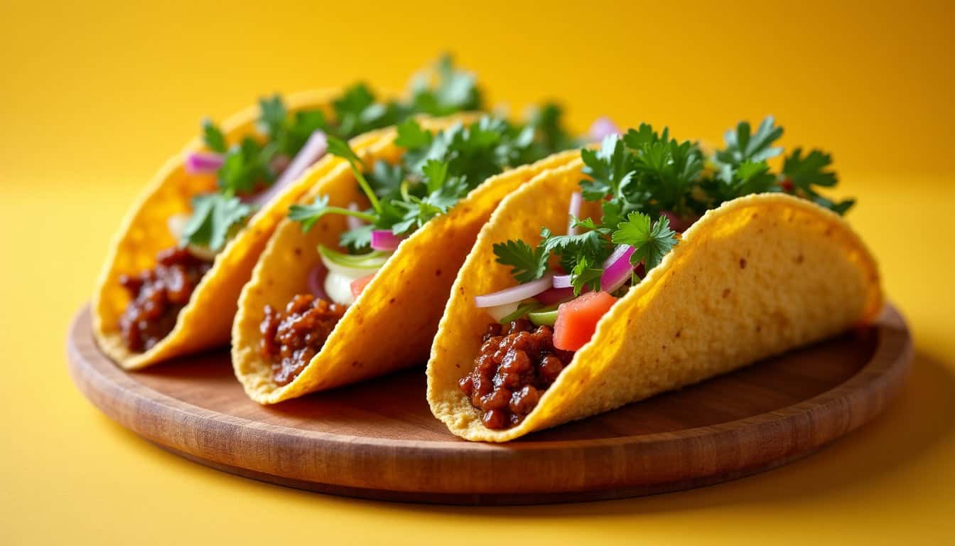 Tacos végétarien avec viande de céréale, garnitures fraîches et herbes aromatiques. Cuisine mexicaine, délicieux et appétissant.