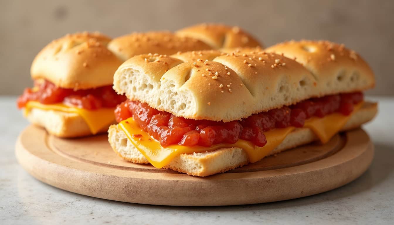 Sandwich poulet au cheddar et tomate dans un pain ciabatta, image appétissante.