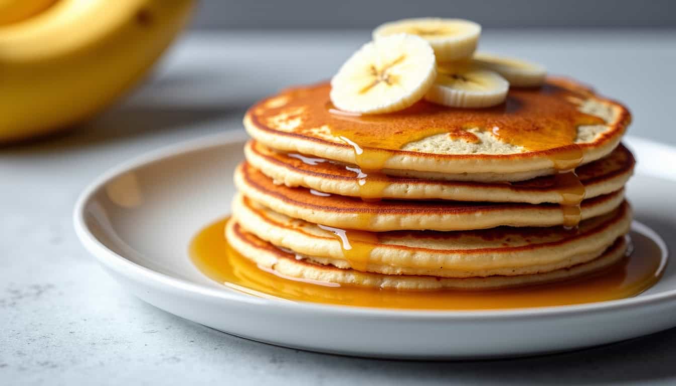 Pancakes moelleux avec bananes et sirop doré, délicieux petit-déjeuner.