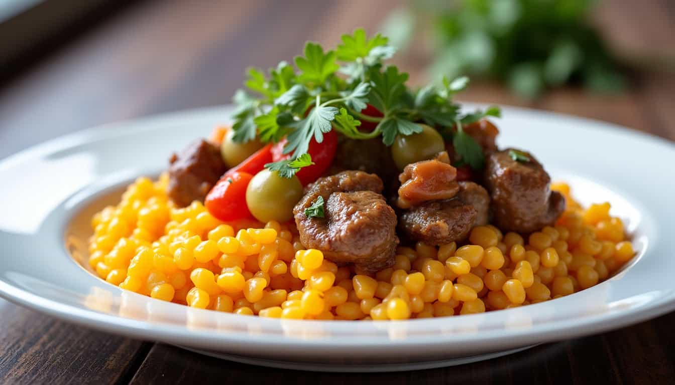Plat de riz Crousty servi dans une assiette avec des légumes et de la viande, prêt à être dégusté