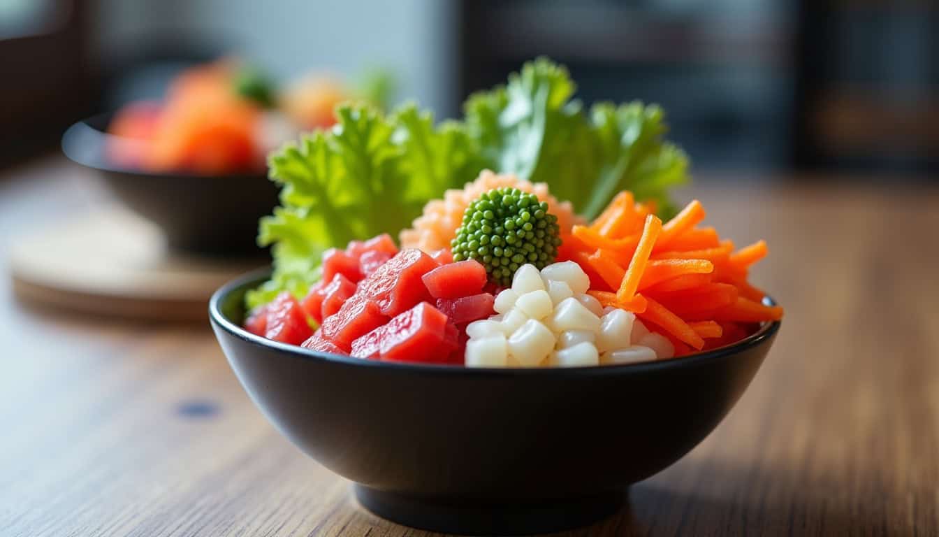 Légumes frais dans un bol noir, salade colorée et saine avec tomates, carottes, concombres, et salade verte.