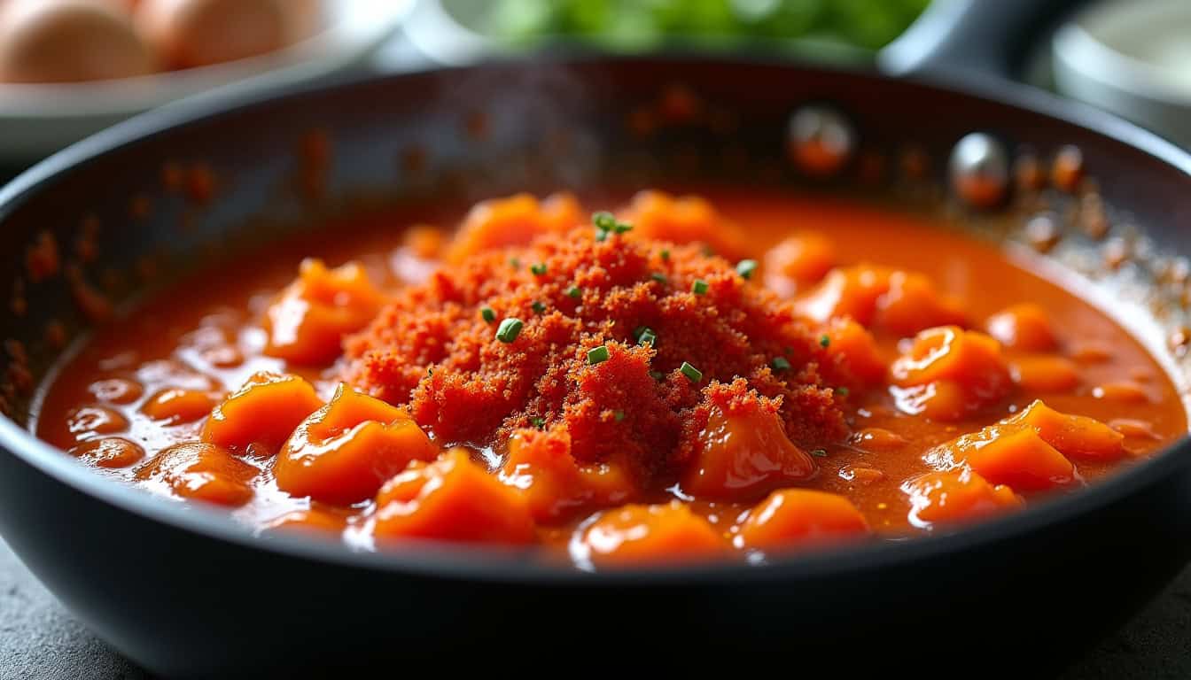 Alt : Soupe de tomates maison avec épices et herbes dans un bol noir.