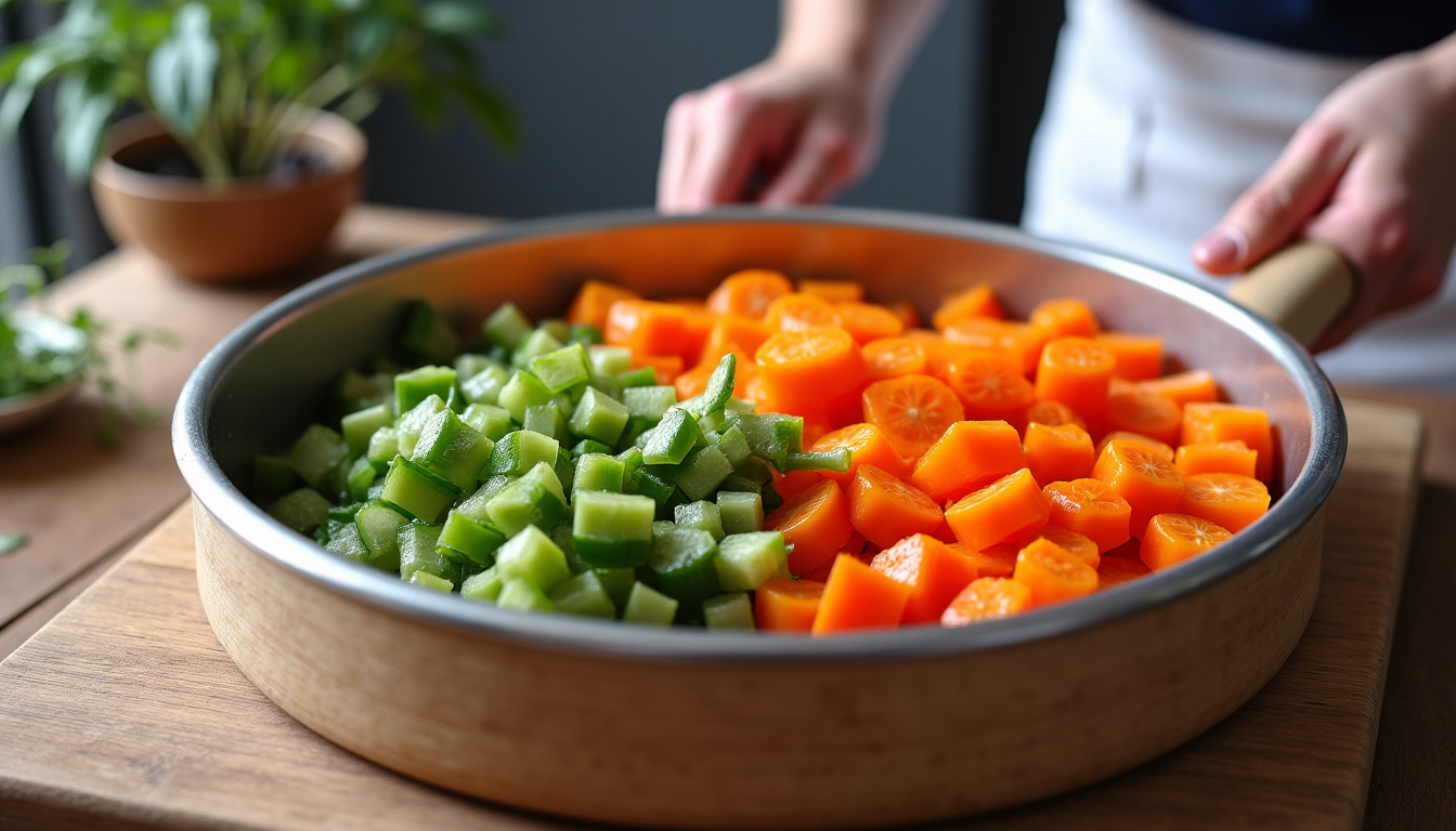 Préparation de légumes cuits à la vapeur dans un panier vapeur en bambou
