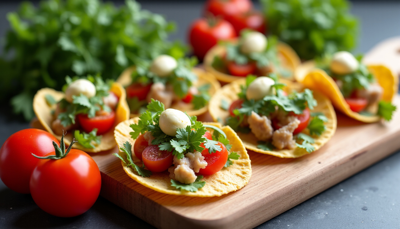 Préparation des ingrédients frais pour tacos maison: tomates, oignons, laitue, coriandre et avocat disposés dans des ramequins
