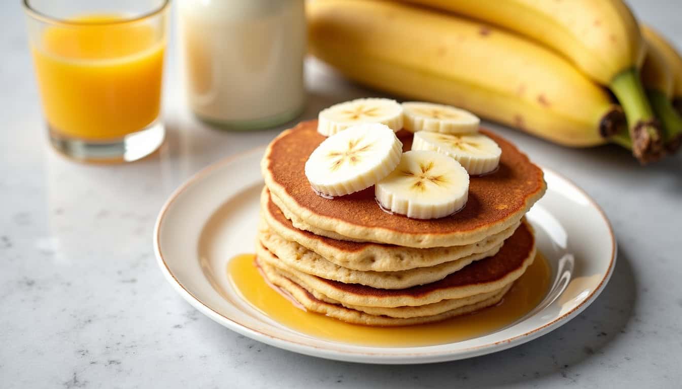 Pancakes moelleux avec bananes tranchées et miel, petit déjeuner sain et gourmand.