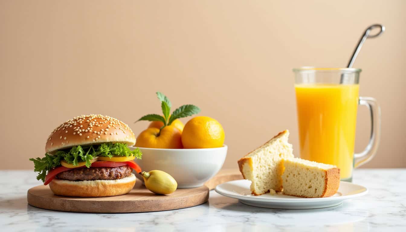 Photo d’un burger maison avec garnitures fraîches, accompagné d’un jus d’orange et de gâteau.