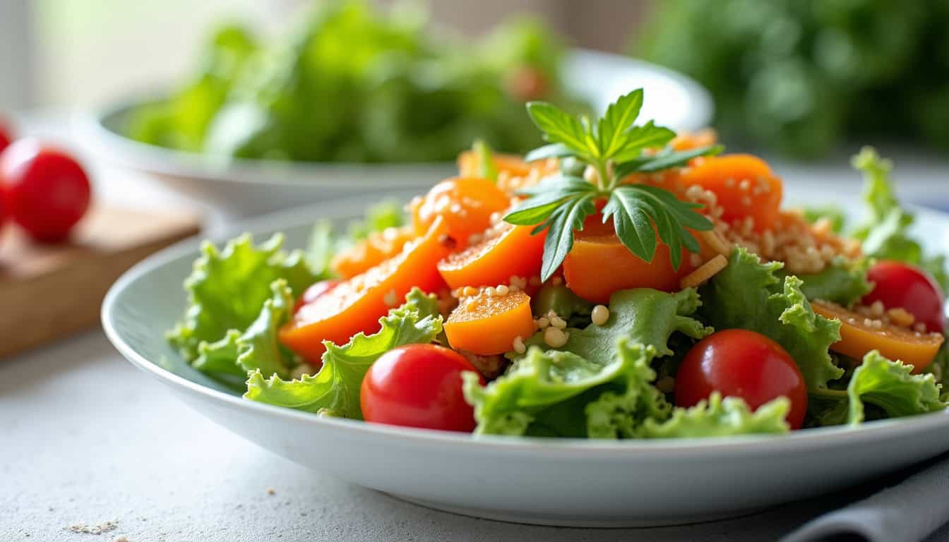 Salade complète servie par Hollyfood, composée de légumes frais, de protéines et de garnitures colorées