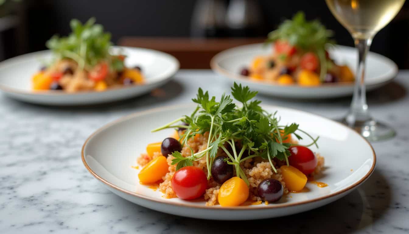 Salade de quinoa, légumes frais, tomates cerises et herbes aromatiques.