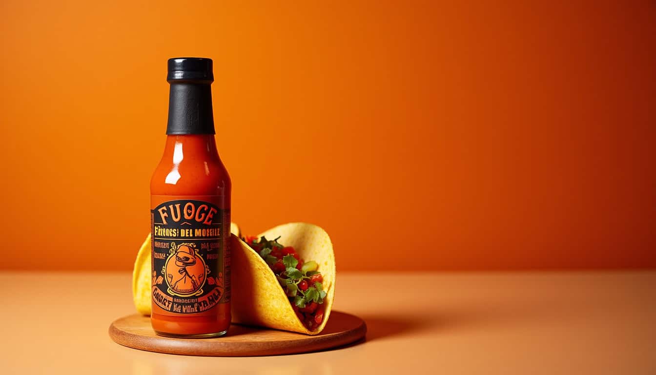 Sauce chili piquante avec tacos végétariens, snack épicé, cuisine mexicaine, condiment relevé, repas picante.