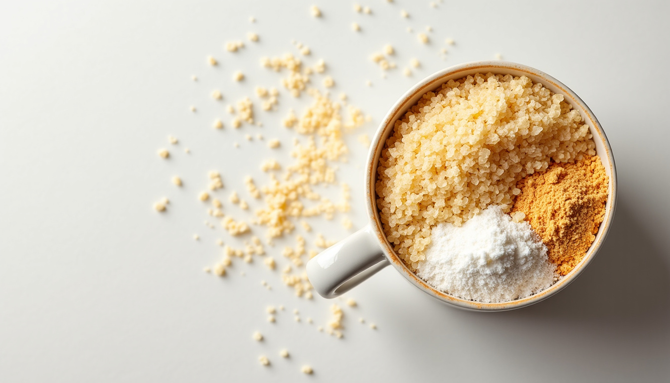 Tableau comparatif des alternatives saines pour les ingrédients de mug cake: farines, édulcorants, matières grasses