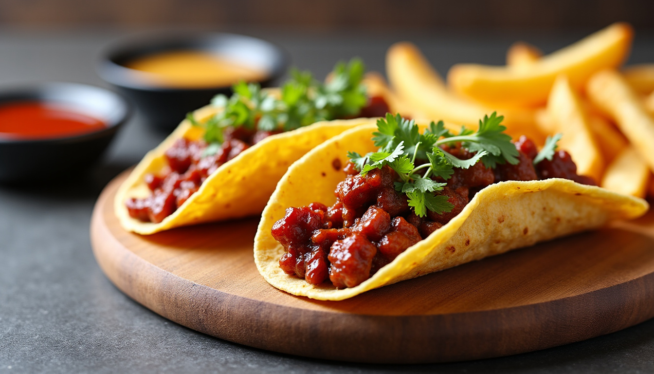 Tacos garnis de viande, de frites et nappés de sauce fromagère maison