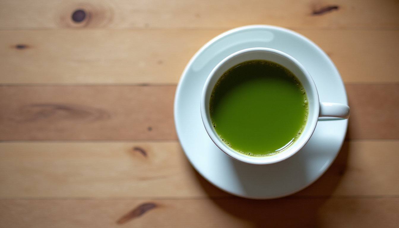 Tasse de thé vert sur une table en bois pour accompagner un petit-déjeuner sain