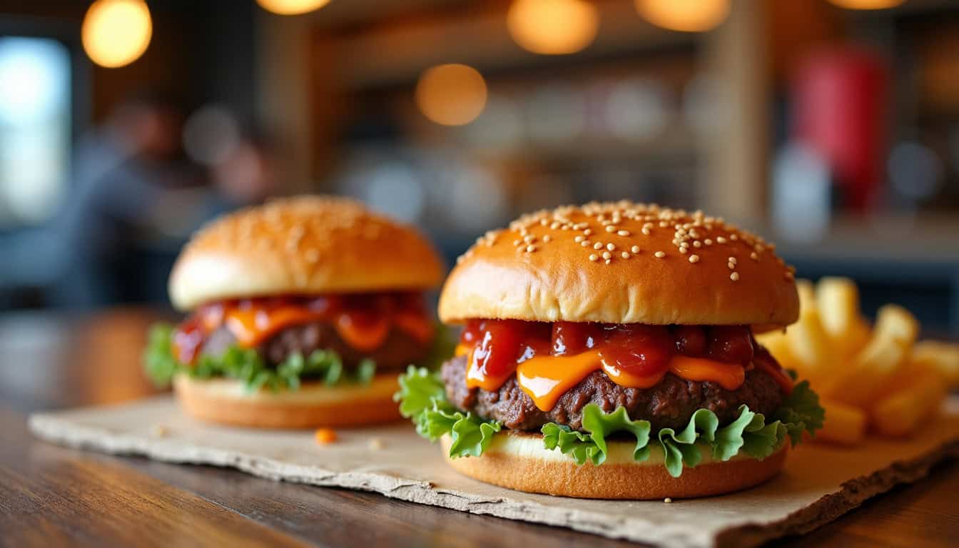 Un burger savoureux avec frites, prêt à être dégusté dans un restaurant convivial.