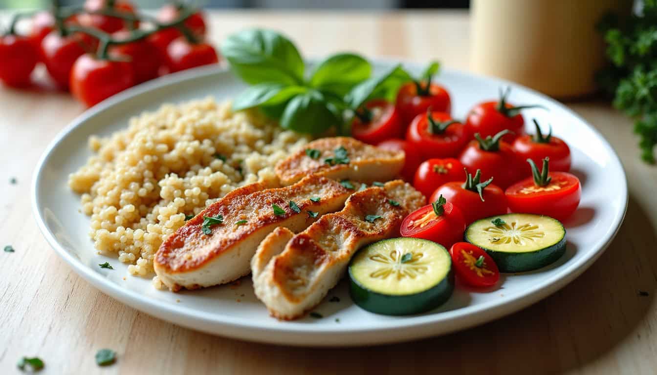 Assiette colorée composée de légumes, protéines et céréales complètes illustrant un repas équilibré