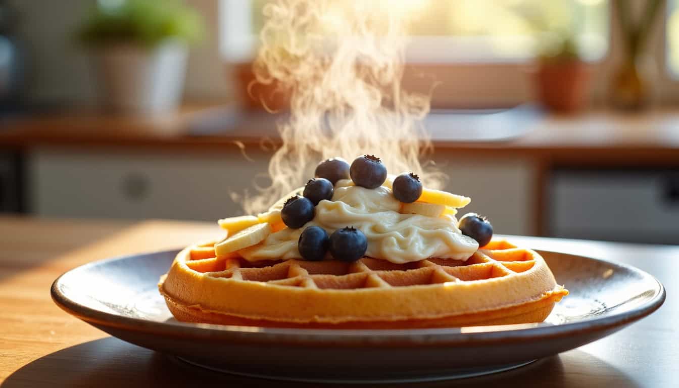 Assiette de gaufres accompagnées de différentes garnitures saines: yaourt grec, myrtilles, banane, purée d