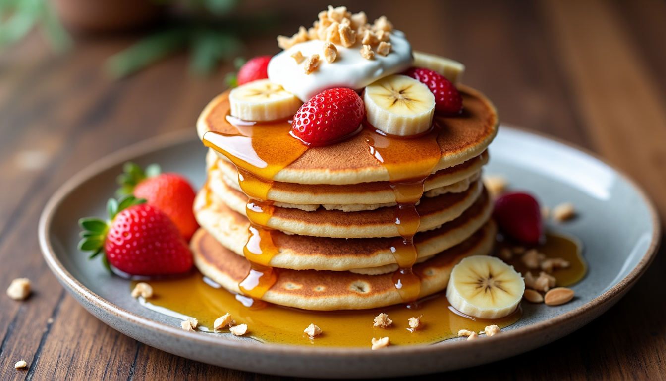 Assiette de pancakes à la banane servis avec fruits frais, yaourt grec et amandes concassées