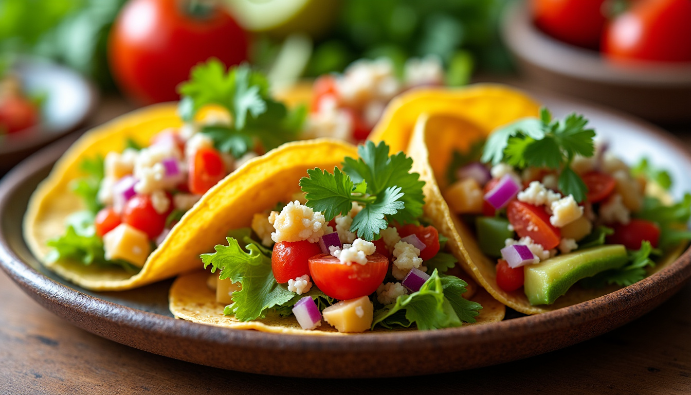 Assiette de tacos avec différentes garnitures colorées et variées