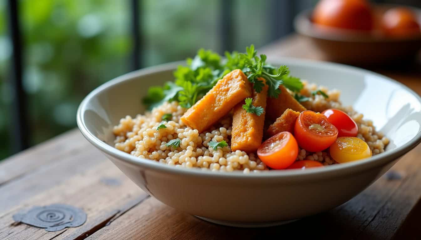 Buddha bowl complet composé de riz brun, légumes rôtis, tofu et sauce tahini