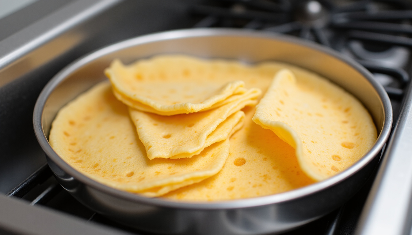 Crêpes dorées et bien cuites, pliées dans une assiette de service