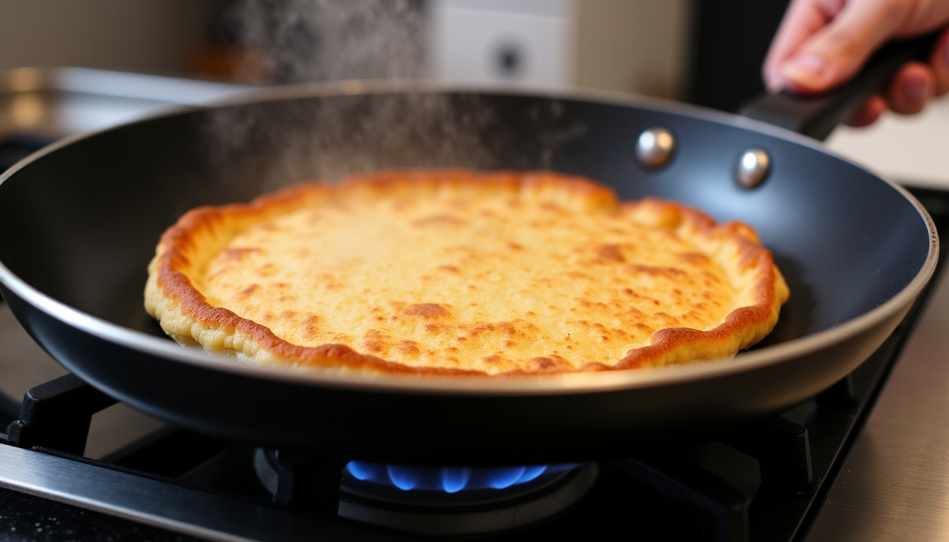 Cuisson de crêpes dans une poêle antiadhésive sur feu moyen