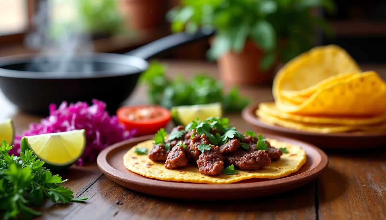 Étapes de préparation des ingrédients pour tacos maison: découpe des légumes, cuisson de la viande, chauffage des tortillas