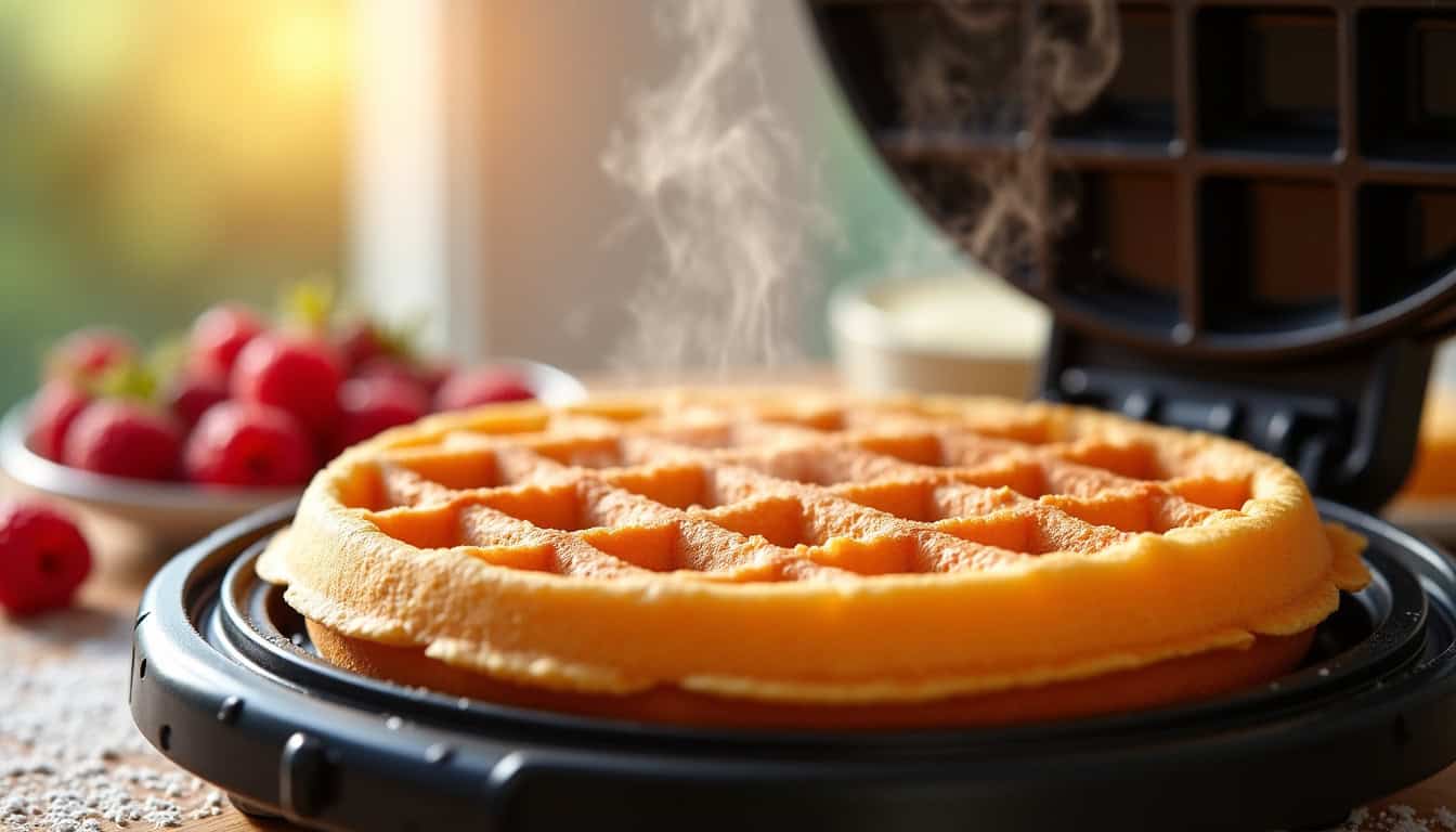 Gaufres en train de cuire dans un gaufrier, avec une texture dorée et croustillante