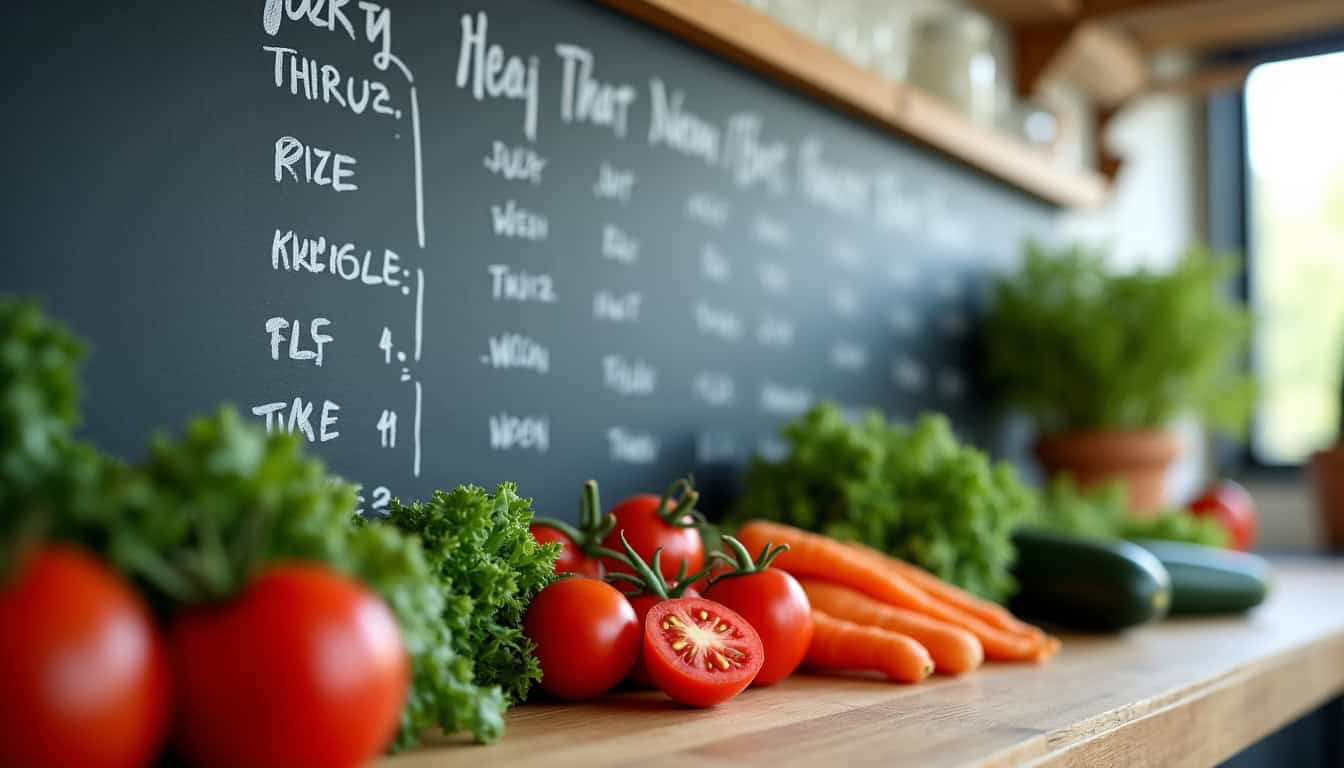 Planning hebdomadaire de repas sains affiché sur un tableau avec des légumes frais à côté