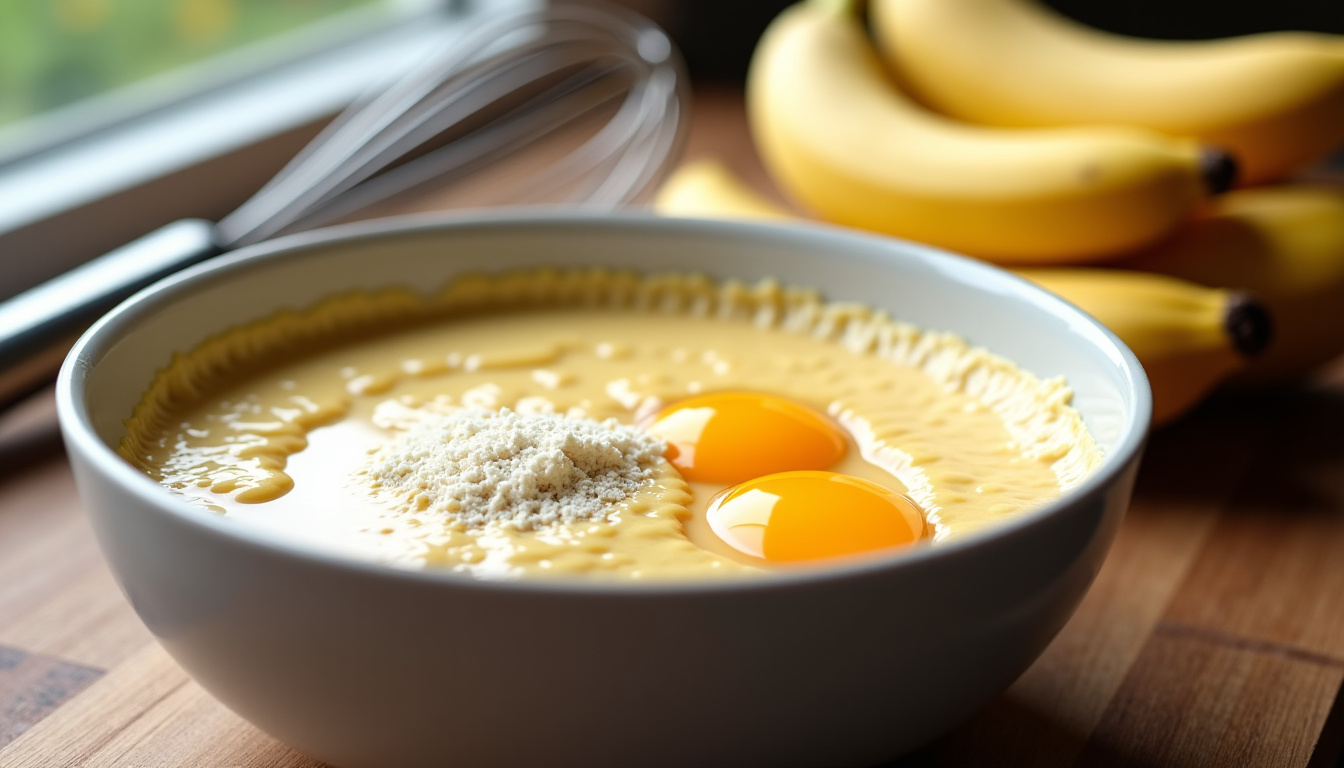 Préparation de la pâte à pancakes healthy à la banane dans un bol avec banane écrasée, œufs et farine