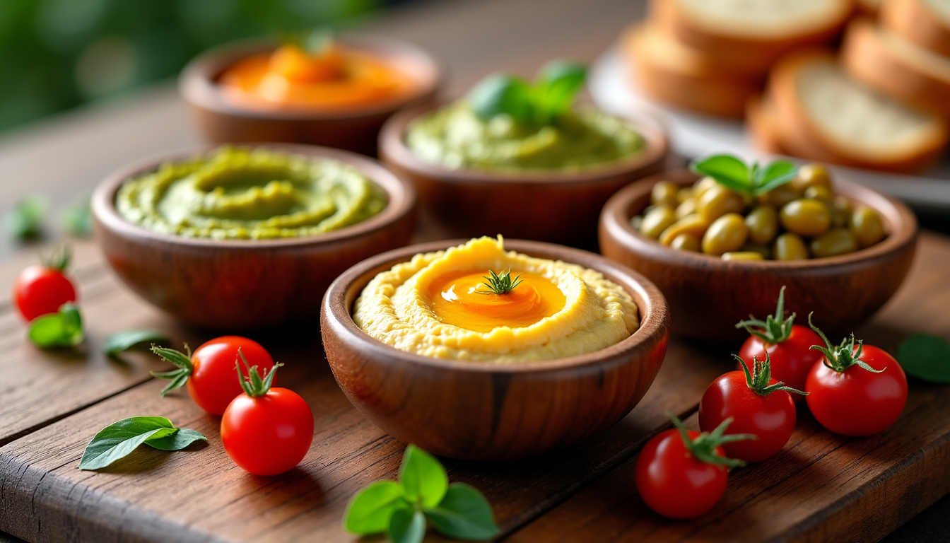 Préparation de tartinades maison dans des petits bols en bois sur une table en bois