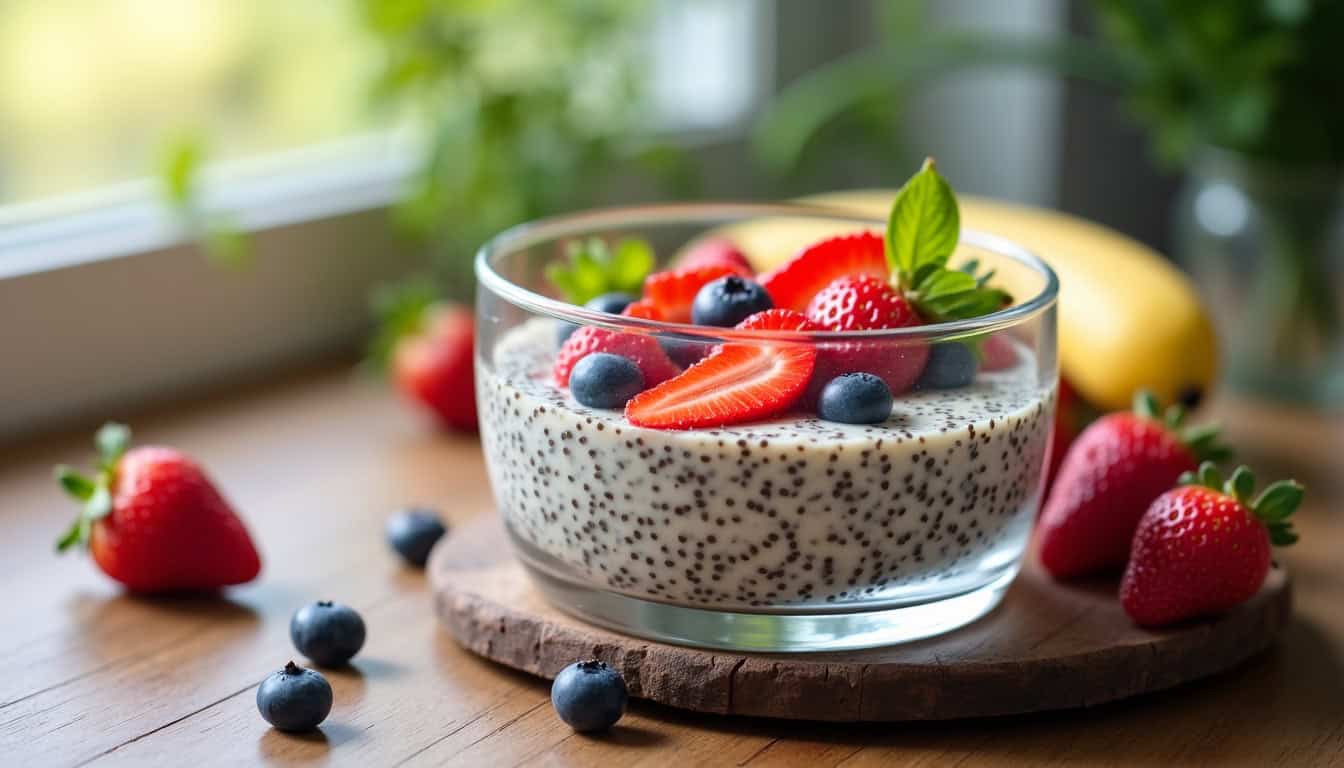 Pudding aux graines de chia décoré de fruits de saison dans un bol en verre