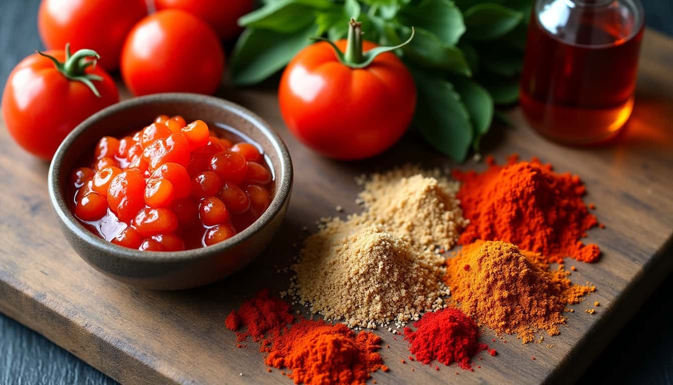 Présentation des ingrédients nécessaires pour préparer la sauce Fuego maison: coulis de tomate, vinaigre, sucre, paprika fumé, piment en poudre, ail et oignon en poudre, huile neutre, liquid smoke