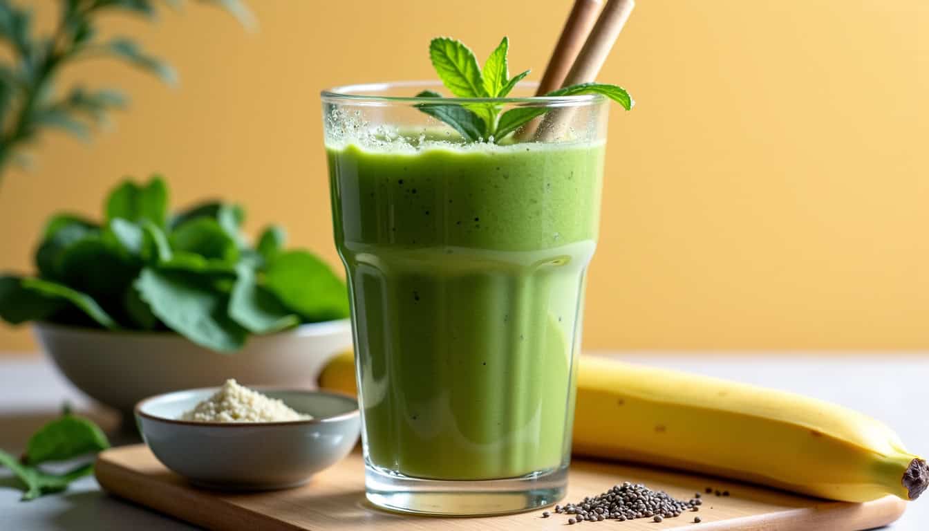 Smoothie protéiné vert dans un grand verre avec une paille en bambou